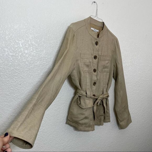 Zara Tan Linen Blend High Neck Button Up Belted Light Weight Jacket Size L - Picture 7 of 15